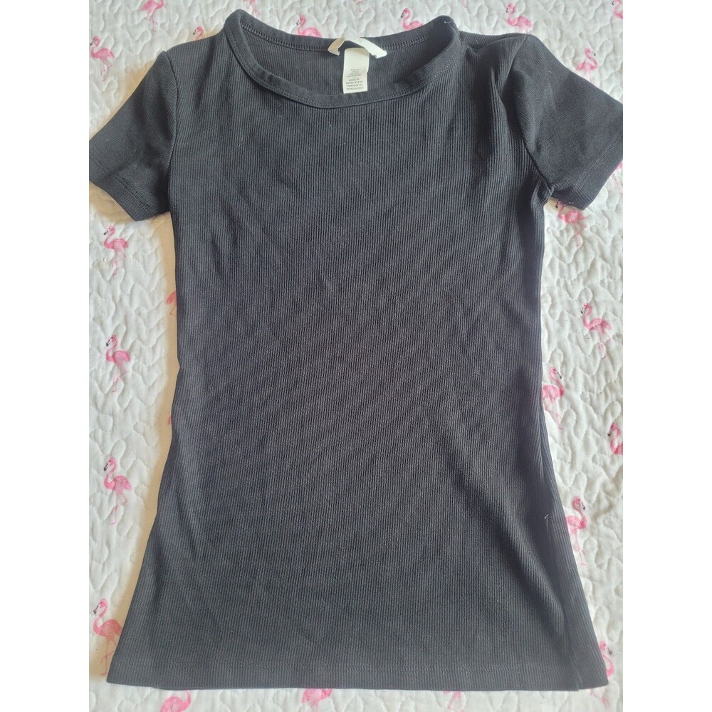 H&M Ribbed Short Sleeve Scoop Neck Top Black Size XS #103